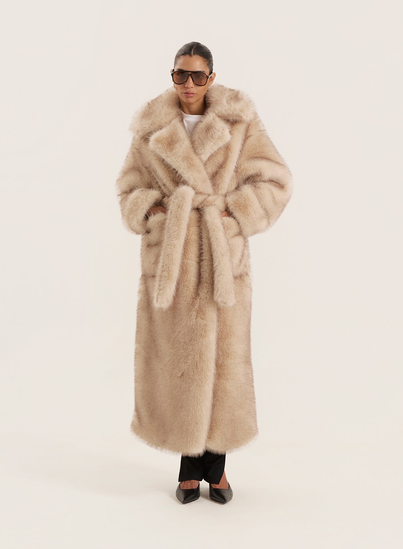 Beige Faux Fur Oversized Tie Waist Maxi Coat